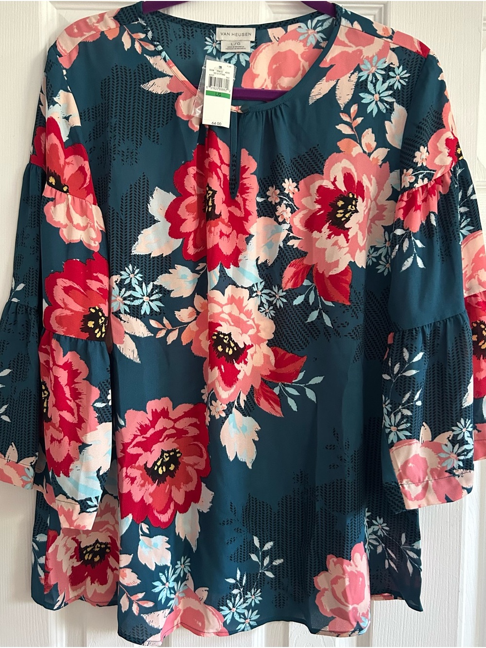 Van Heusen Teal Tunic with Pink and Red Floral Print Bell Sleeve NWT